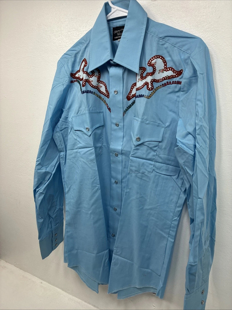 New Women’s Champion Western Blue Design Long Sleeve Pearl Snap 15.5 MM-24