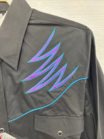 New Men’s ELY Diamond Black Purple Design Long Sleeve Pearl Snap Large V-22