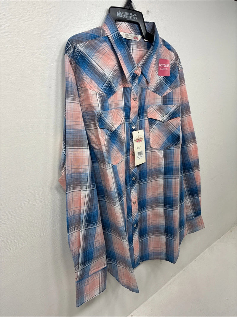 New Women’s Cumberland Pink Blue Plaid Long Sleeve Pearl Snap 1XL Plus GG-68