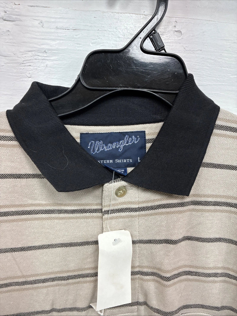 New Men’s Wrangler Tan Black Stripe Short Sleeve Polo Shirt Large V-6
