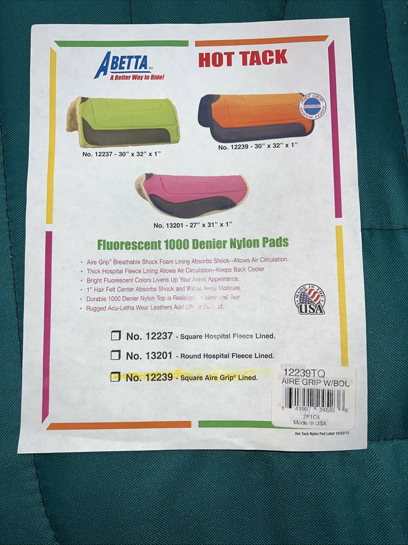 New ABetta Turquoise Square Air Grip Nylon Saddle Pad 30x32 #12239 Pad-13