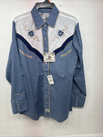 New Women’s ELY 1878 Blue Deigned Long Sleeve Pearl Snap Medium II-68