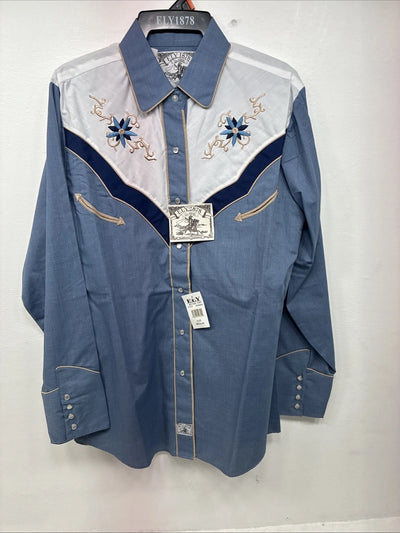 New Women’s ELY 1878 Blue Deigned Long Sleeve Pearl Snap Medium II-68