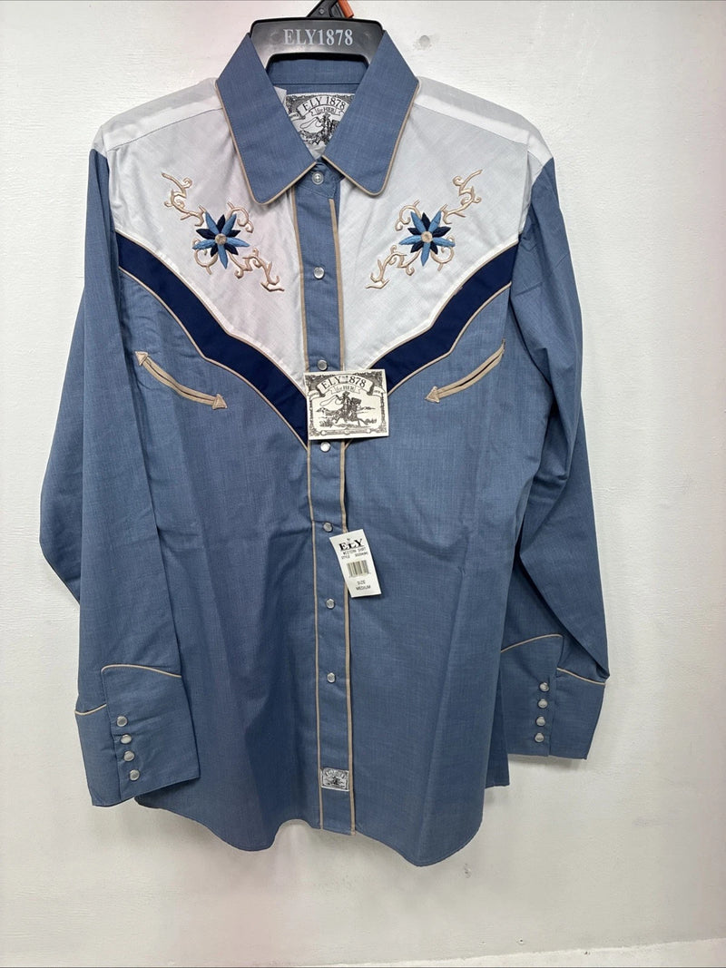 New Women’s ELY 1878 Blue Deigned Long Sleeve Pearl Snap Medium II-68
