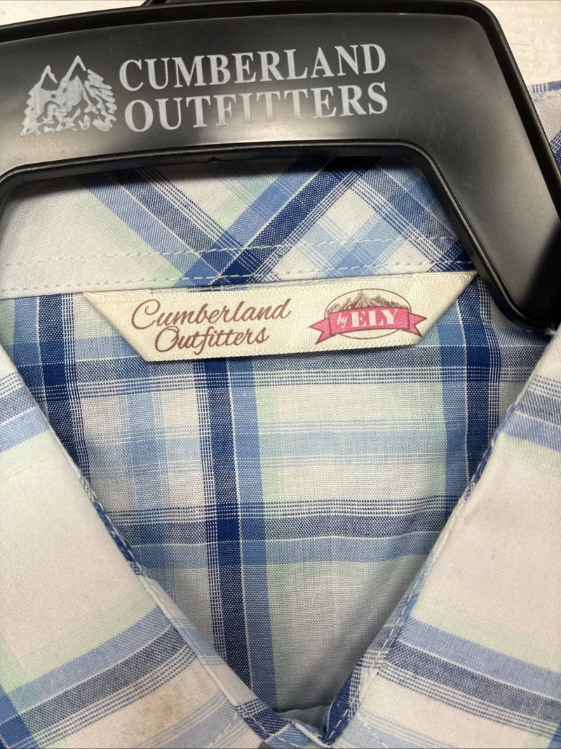 New Women’s Cumberland Blue Plaid Long Sleeve Pearl Snap Large GG-84