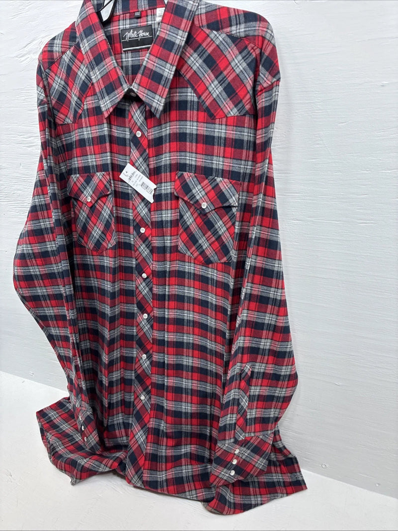 New men’s White Horse Red Flannel Long Sleeve Pearl Snap 3XL E-64