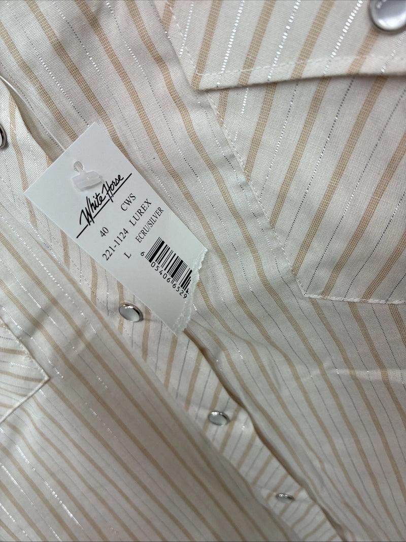 New Women’s White Horse Gold Stripe Long Sleeve Pearl Snap Large II-66