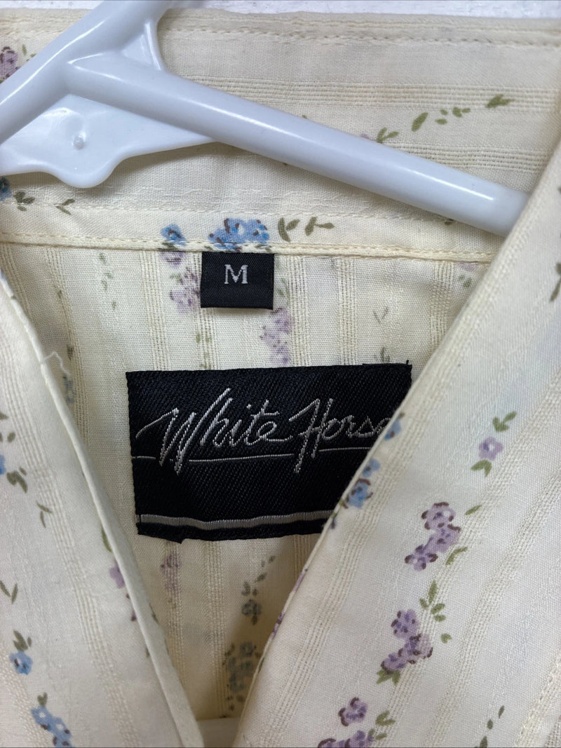 New Women’s White Horse Yellow Floral Long Sleeve Pearl Snap Medoum II-96