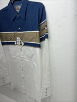 New Mens White Blue ELY Cattleman Long Sleeve Pearl Snap Shirt. XL S-30