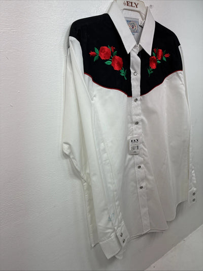 New Women’s Country Charmer White Rose Design Long Sleeve Pearl Snap Large KK-86
