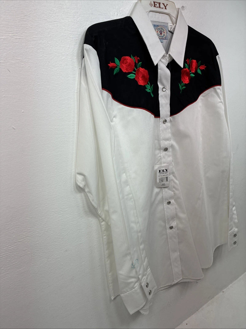 New Women’s Country Charmer White Rose Design Long Sleeve Pearl Snap Large KK-86