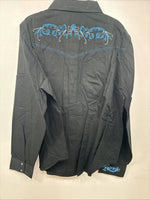 New Women’s Cumberland Black Blue Design Long Sleeve Pearl Snap 2XL GG-35