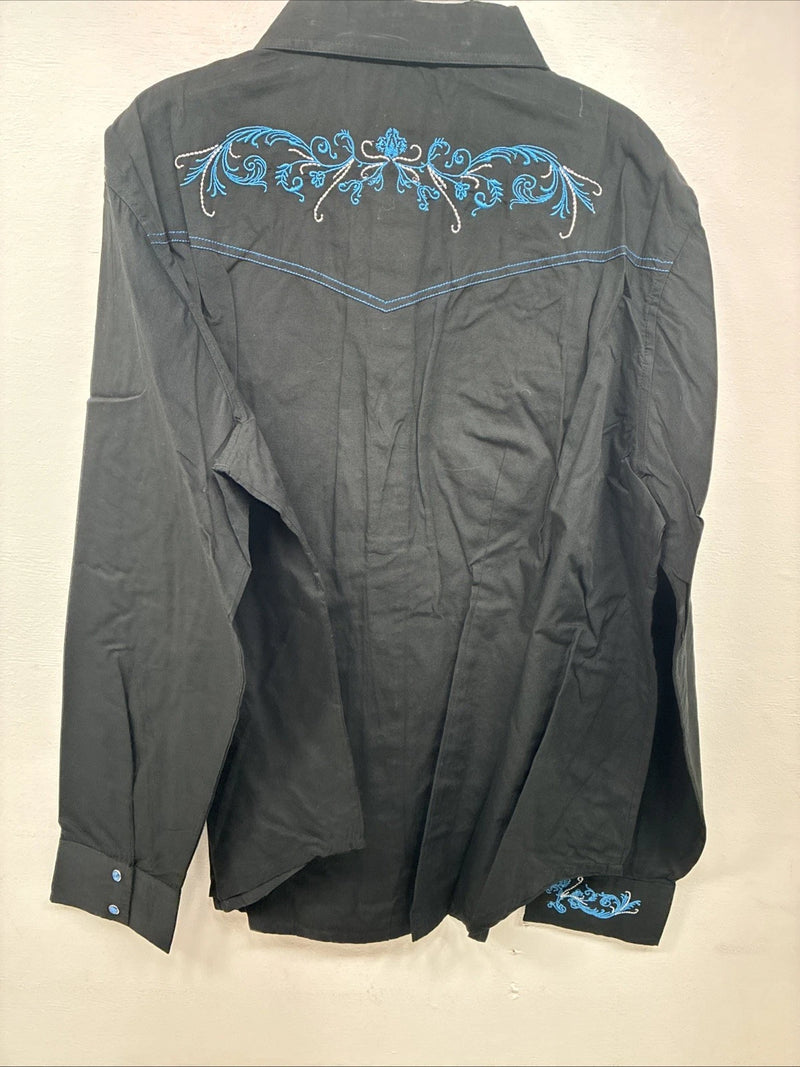 New Women’s Cumberland Black Blue Design Long Sleeve Pearl Snap 2XL GG-35