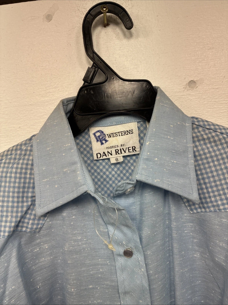 New Kids Dan River Blue Deigned Long Sleeve Pearl Snap Size 8 LL-62