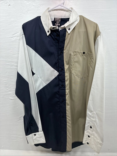 New Men’s Cowboy Threads Blue tan White Long Sleeve Pearl Snap Large V-32