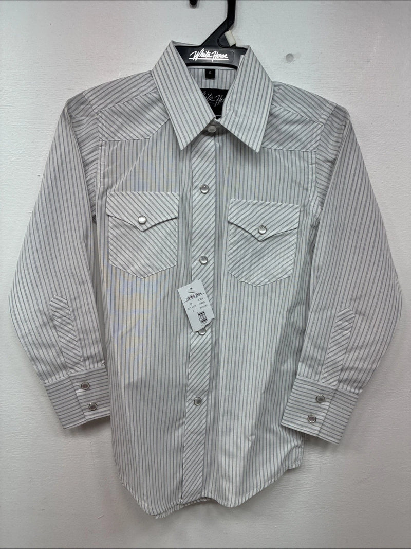 New Kids White Horse Gray Stripe Long Sleeve Pearl Snap Small DD-129