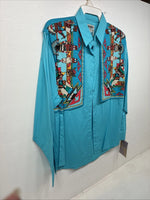 New Women’s Wrangler Blue Design Long Sleeve Button Up Large TT-7