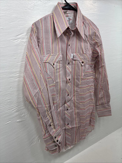 New Men’s Tem Tex Pink Multicolor Stripe Long Sleeve Pearl Snap 14.5 Small M-99