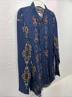 New Men’s GunSmoke Blue Western Design Long Sleeve Button Up XL O-40