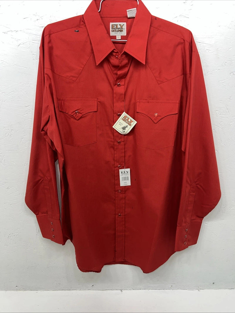 New Men’s Red ELY Cattleman Long Sleeve Pearl Snap Shirt. 17x34 XL S-18