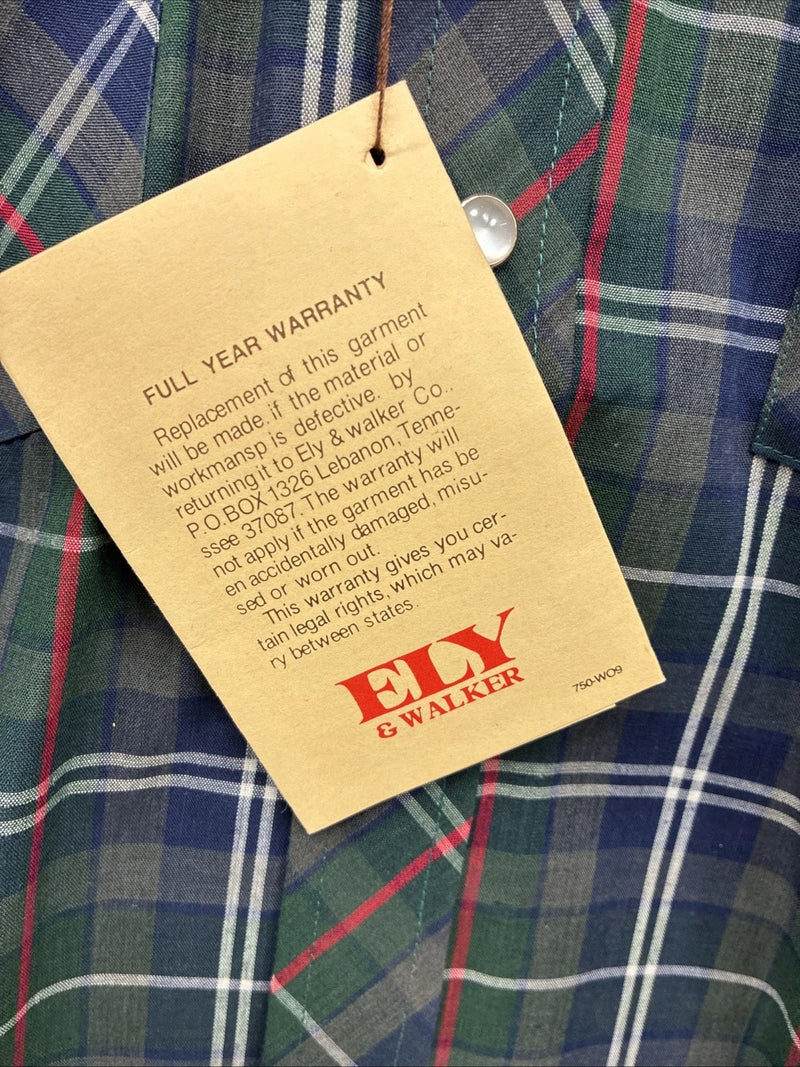New Men’s ELY Plains Green Plaid Long Sleeve Pearl Snap 14.5 Small X-34