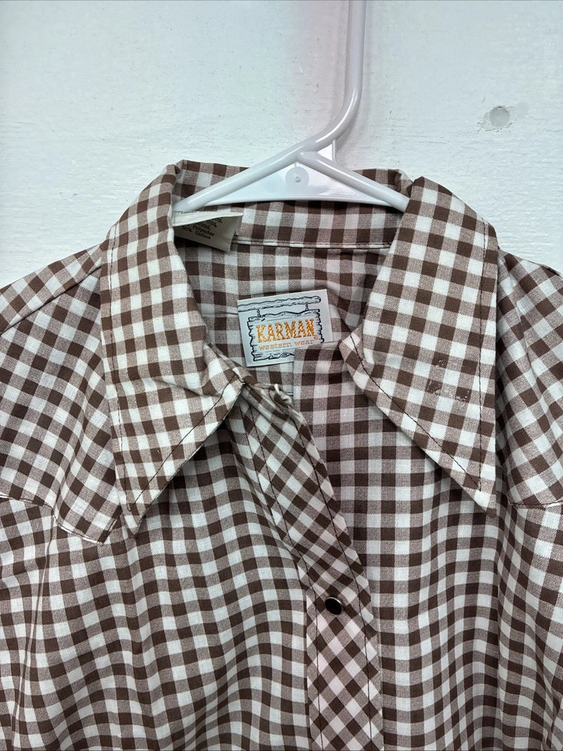 New Women’s Karman Brown Checkered Long Sleeve Pearl Snap Size 38 II-88