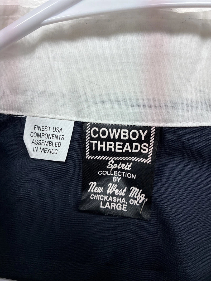 New Men’s Cowboy Threads Blue tan White Long Sleeve Pearl Snap Large V-32