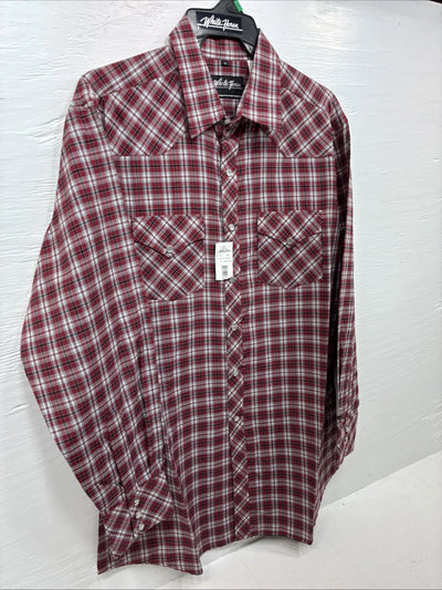New Men’s White Horse Red Plaid Long Sleeve Western Pearl Snap XL J-39