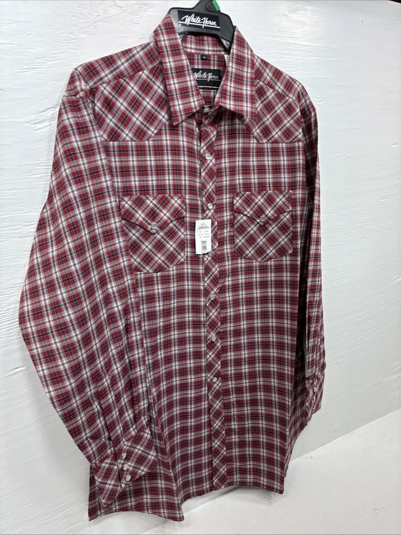 New Men’s White Horse Red Plaid Long Sleeve Western Pearl Snap XL J-39