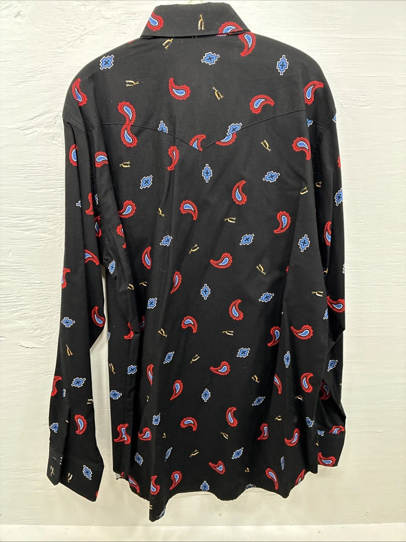 New Men’s Wrangler Black Designed Long Sleeve Button Up 16.5 Large Q-76