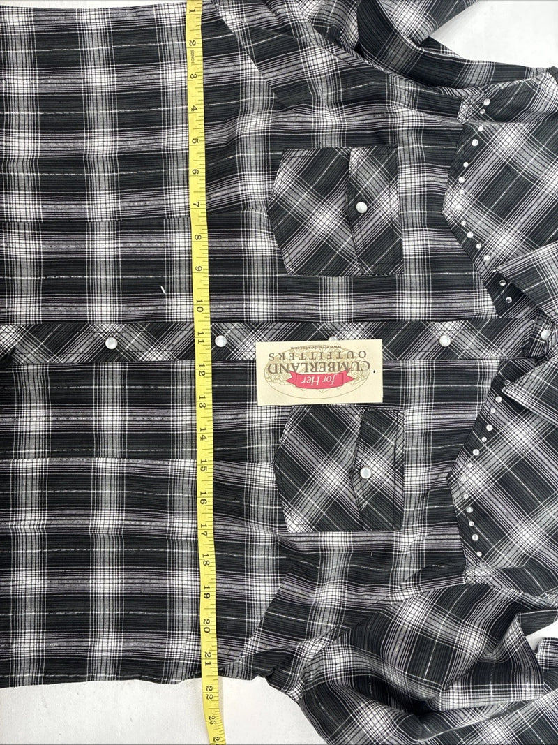 New Women’s Cumberland Black Plaid Long Sleeve Pearl Snap XL II-15