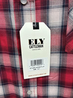 New Men’s ELY Cattleman Red Gray Plaid Long Sleeve Pearl Snap XLT T-7