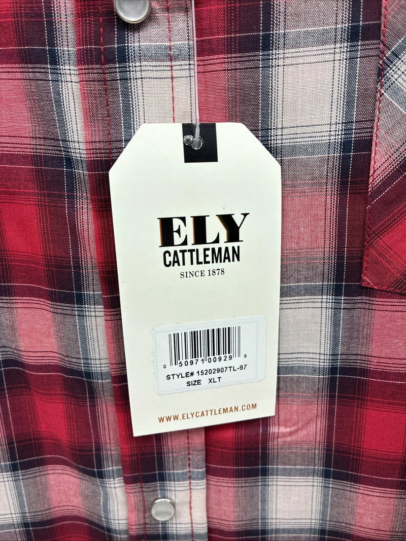 New Men’s ELY Cattleman Red Gray Plaid Long Sleeve Pearl Snap XLT T-7