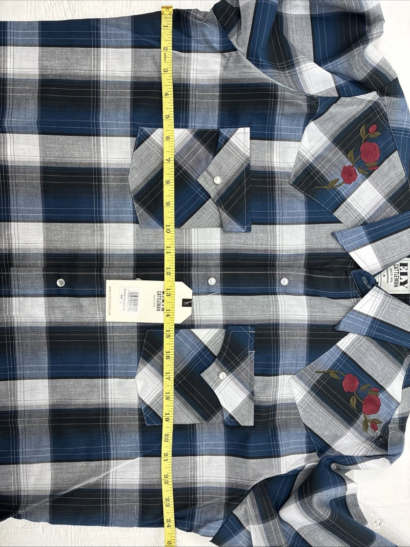 New Emma ELY Cattleman Blue Gray Plaid Long Sleeve Pearl Snap Large AA-16