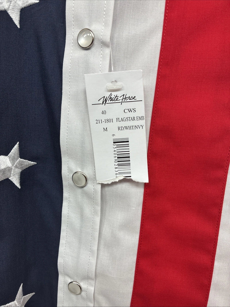 New Women’s White Horse Red White Blue Long Sleeve Pearl Snap Medium KK-16