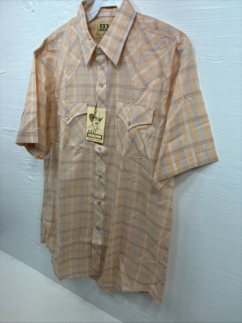 New Men’s ELY Cattleman Orange Plaid Long Sleeve Pearl Snap Large AA-113