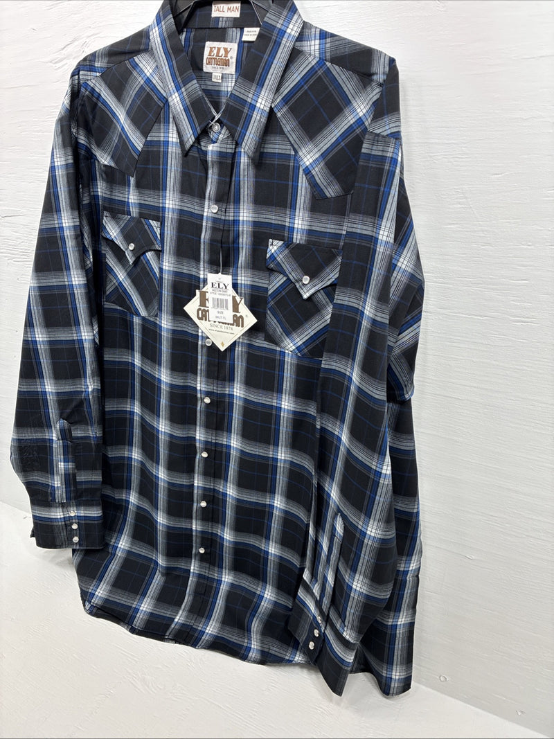 New Men’s ELY Cattleman Black Blue Long Sleeve Pearl Snap 3XL E-38