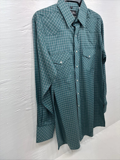 New Men’s White Horse Green Plaid Long Sleeve Pearl Snap Medium K-43