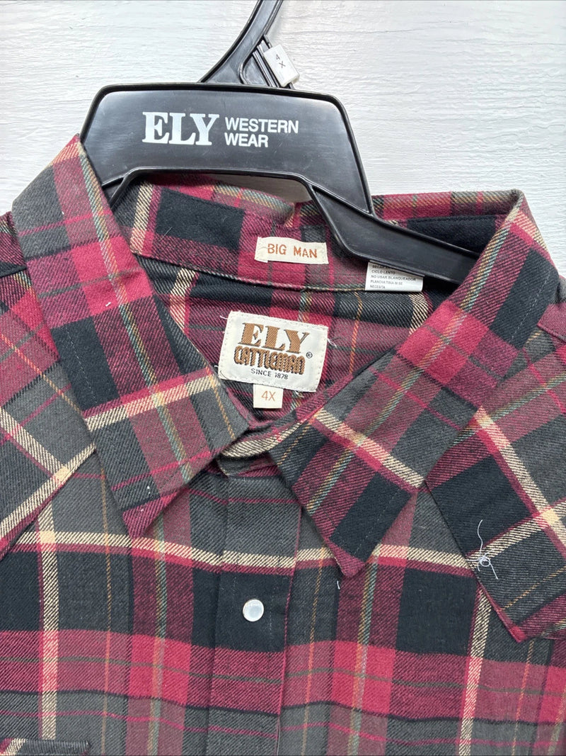 New Men’s ELY Cattleman Red Black Flannel Long Sleeve Pearl Snap 4XL E-82