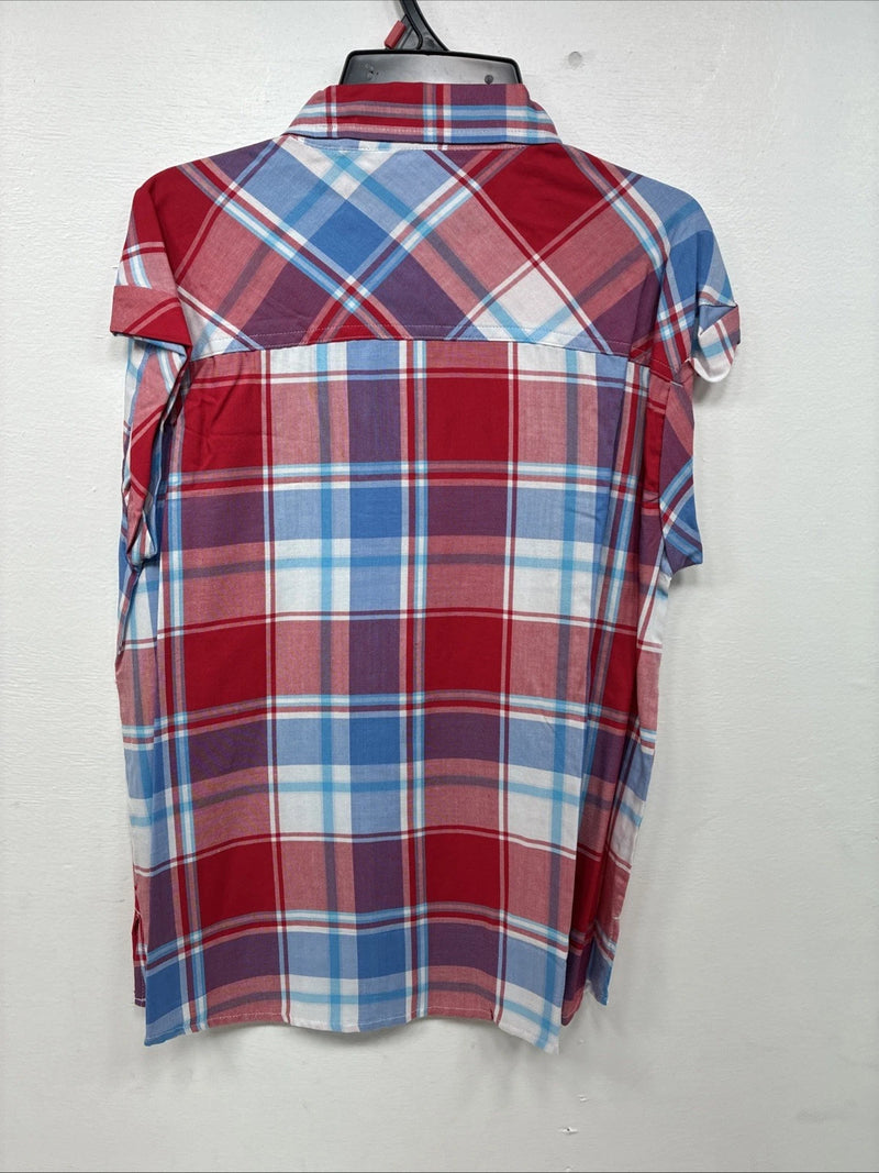 New Women’s Cumberland Red Blue Plaid Short Sleeve Button Up Small DD-106