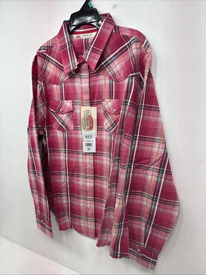 New Women’s Cumberland Pink Plaid Long Sleeve Pearl Snap XL GG-73