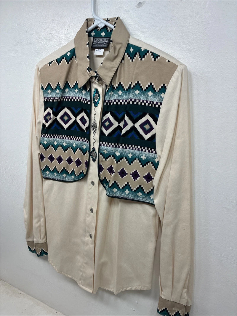 New Women’s Roughrider Tan Designed Long Sleeve Button Up Medium YY-96