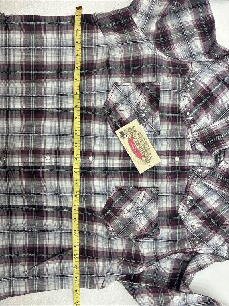 New Women’s Cumberland Purple Plaid Long Sleeve Pearl Snap 1XL KK-79