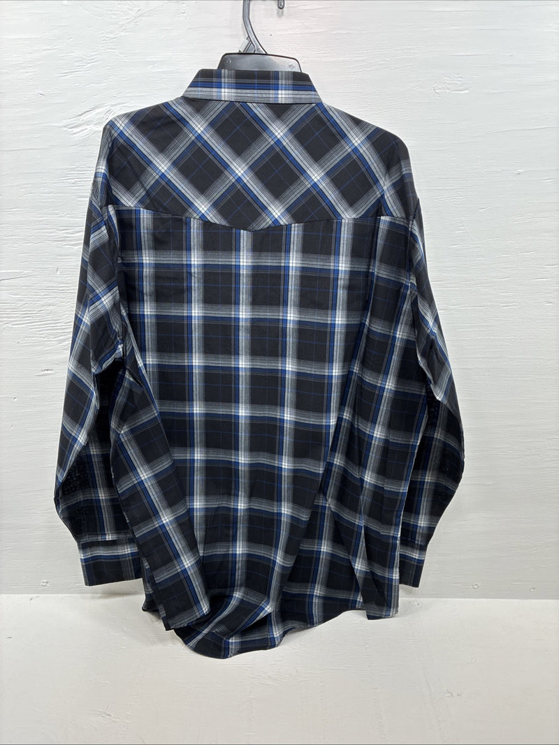 New Men’s ELY Cattleman Black Blue Long Sleeve Pearl Snap 3XL E-38