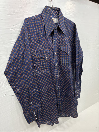 New Men’s Stockman Navy Blue Designed Long Sleeve Pearl Snap 15 Medium H-71