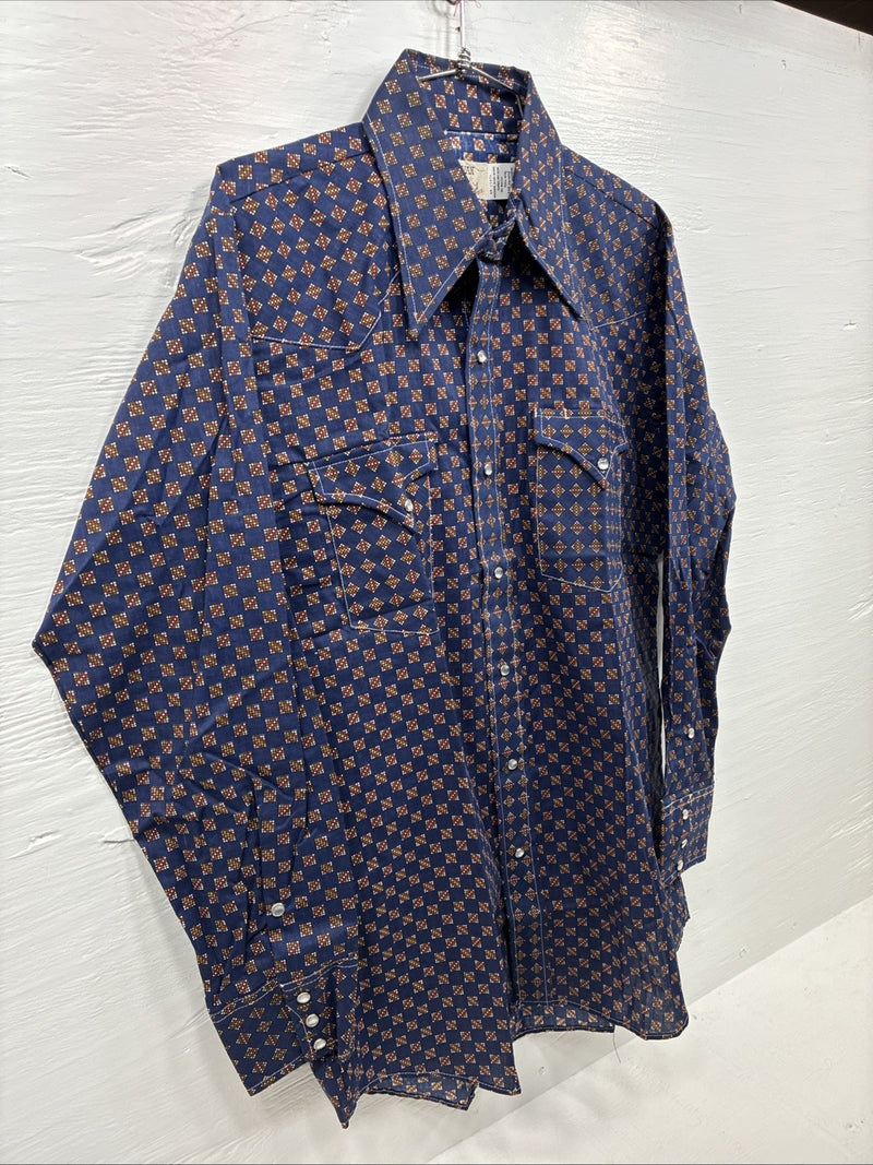 New Men’s Stockman Navy Blue Designed Long Sleeve Pearl Snap 15 Medium H-71