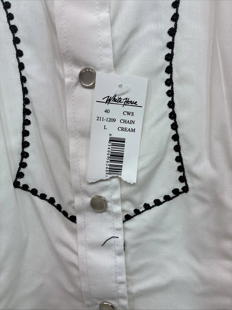 New Women’s White horse White Design Long Sleeve Pearl Snap Large KK-123