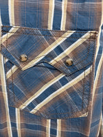 New Men’s ELY 1878 Blue Brown Plaid Long Sleeve Pearl Snap Large Q-32