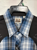 New Men’s ELY Cattleman Blue Black Flannel Long Sleeve Pearl Snap XL  H-64