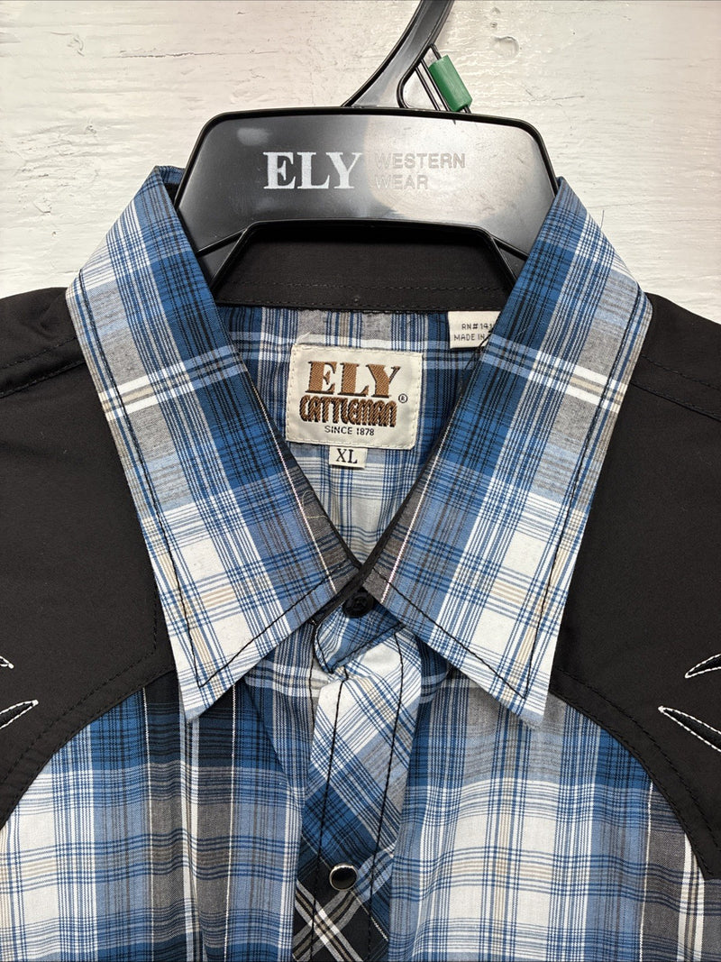 New Men’s ELY Cattleman Blue Black Flannel Long Sleeve Pearl Snap XL  H-64